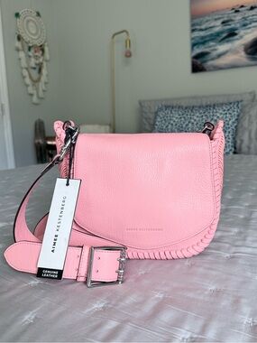 Aimee Kestenberg All For Love Saddle Crossbody Bag Leather Whip Stitch Pink